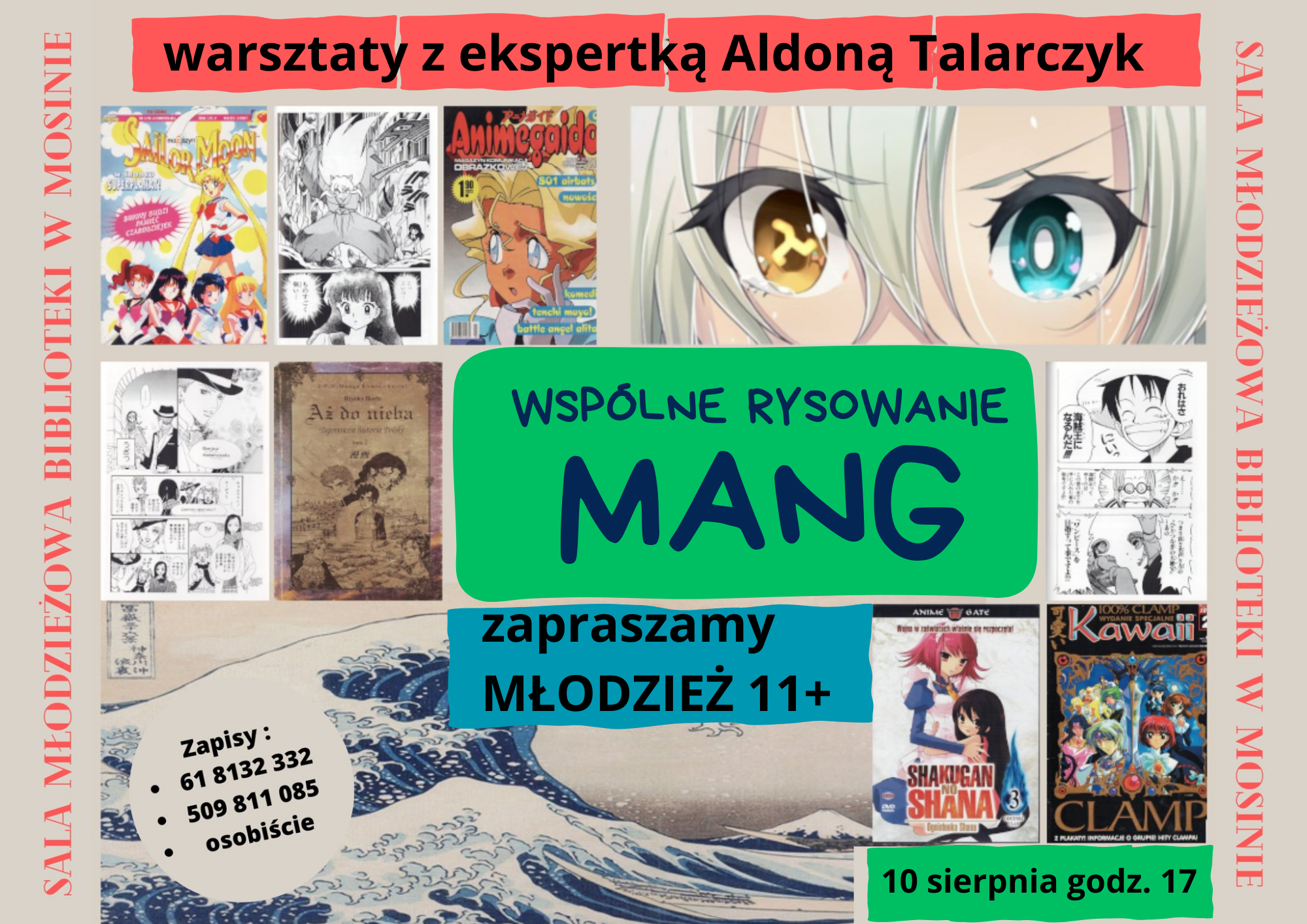 Plakat przedstawiający okładki książek związanych z techniką mangi