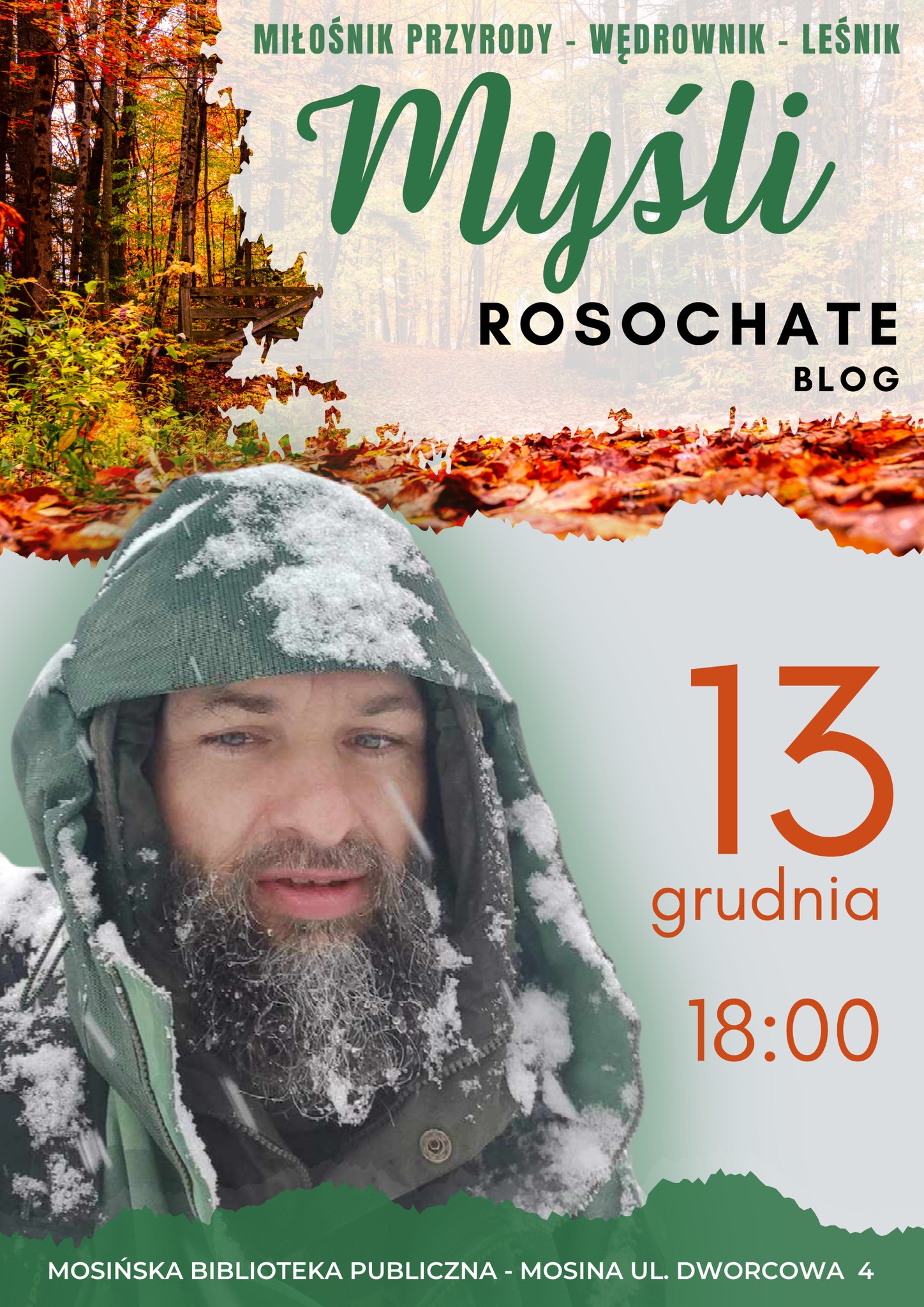 Plakat przedstawiający brodatego mężczyznę zimą na tle lasu